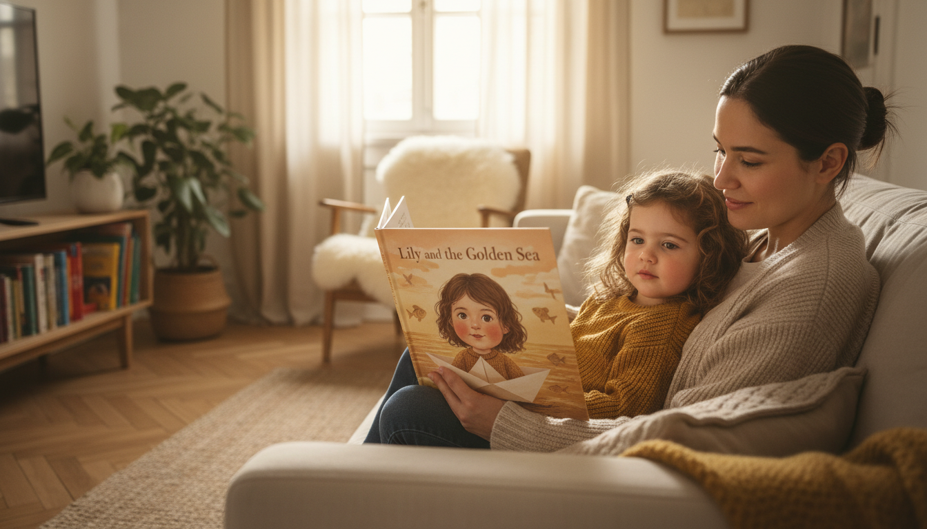 Parent and child reading a personalized Fabel storybook together on a cozy sofa